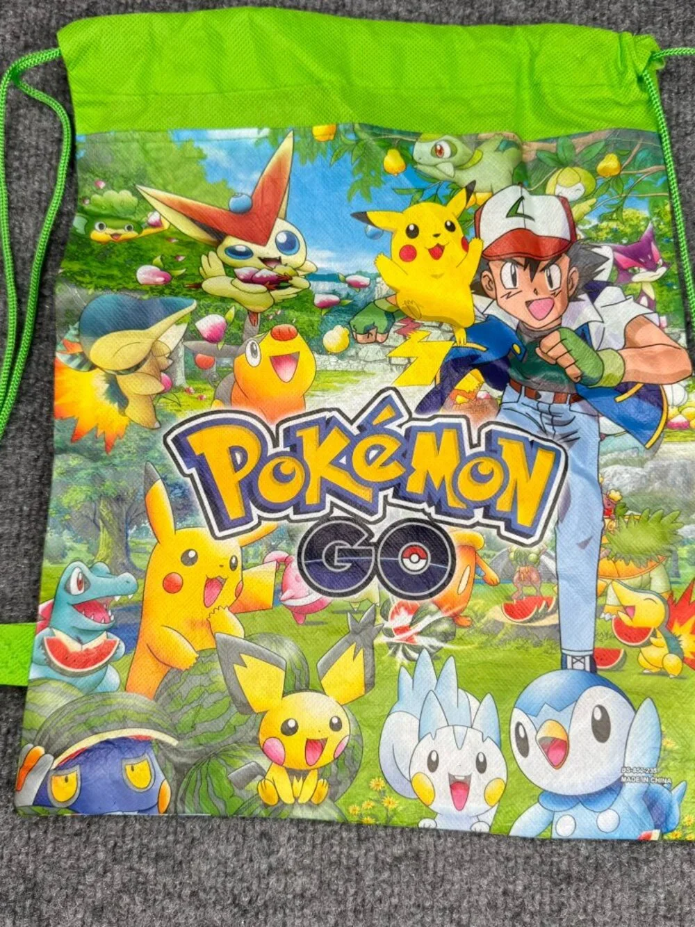 Pokemon Go Green Drawstring Backpack Gym Bag Kids Character Print Ash Pikachu